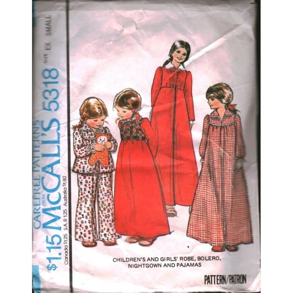 Vintage 1976 McCall's 5318 Girls Robe Bolero Nightgown Pajamas Pattern XS 4-6